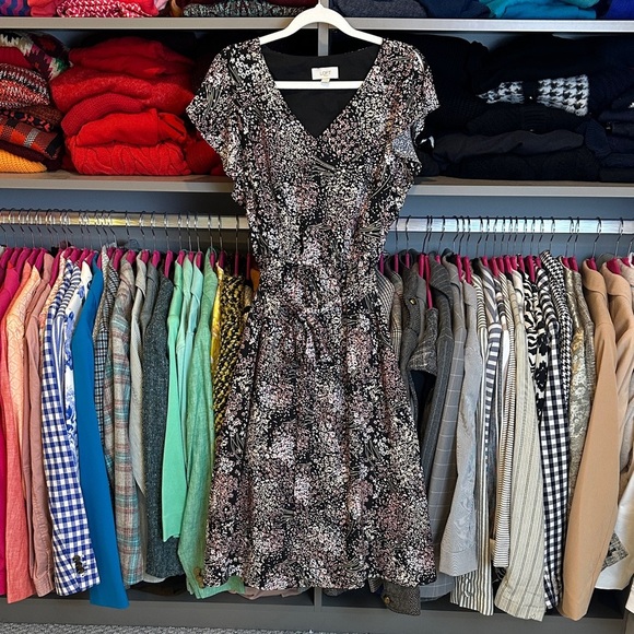 Loft black/pink/white floral split sleeve belted elastic waistband dress size S - Picture 1 of 3